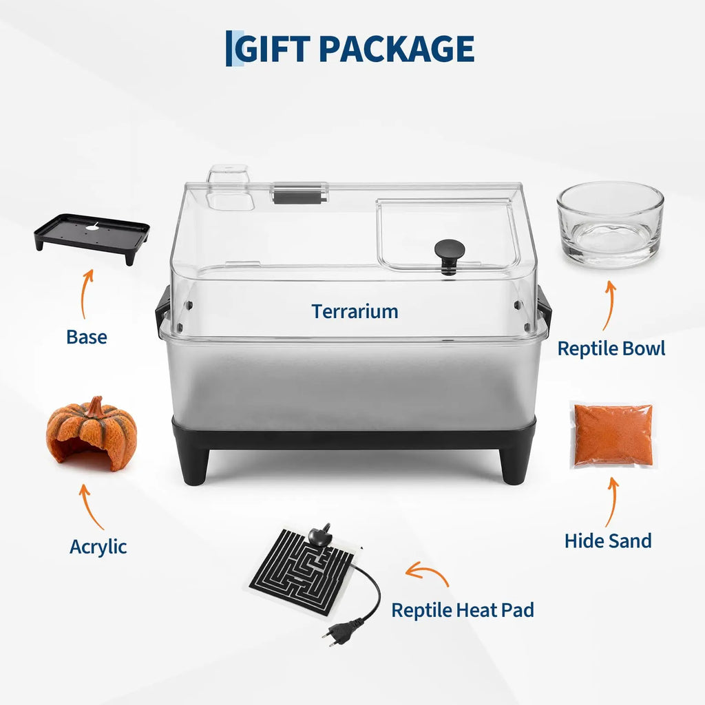 Small Reptile Terrarium Kit W/ Lid, Acrylic Tank, Heating Pad, For Gecko Lizard Tarantula Frog
