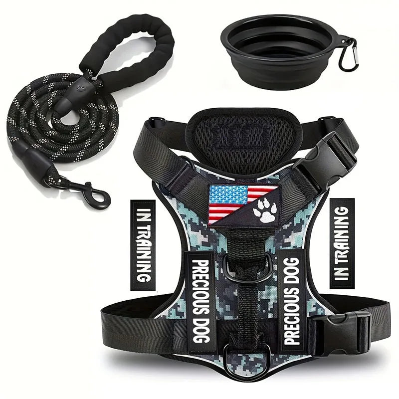 Service Dog Harness Leash Set w/ 1pc Folding Bowl Reflective  Dog Soft Oxford For Small Dog