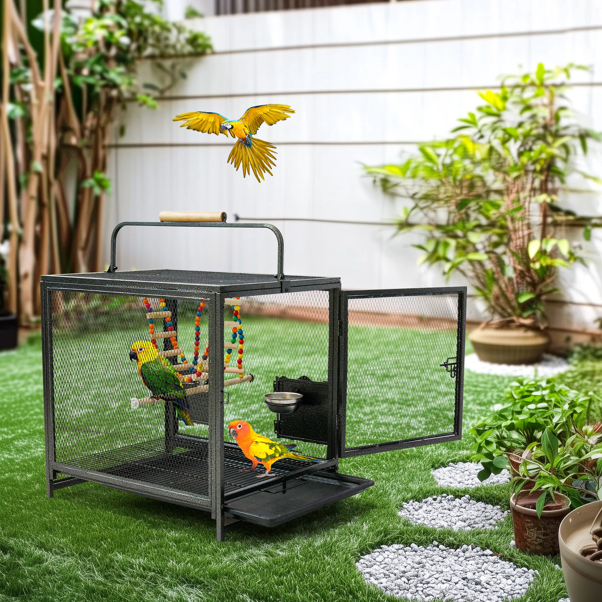 Wrought Iron Bird Travel Carrier Cage with Handle Wooden Perch