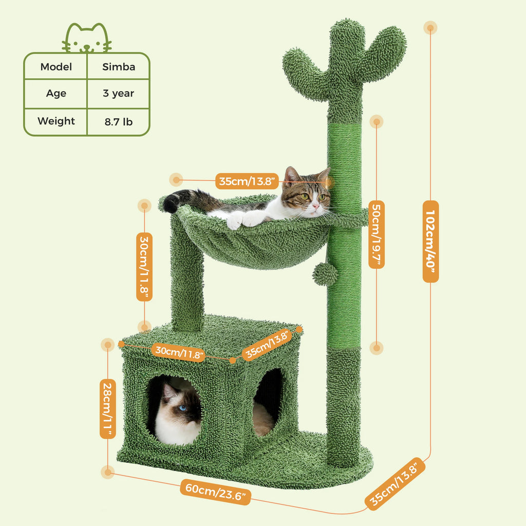 Cactus Cat Tree with Large Condo, Hammock, Dangling Ball, Cat Tower, Indoor, Cat Toys