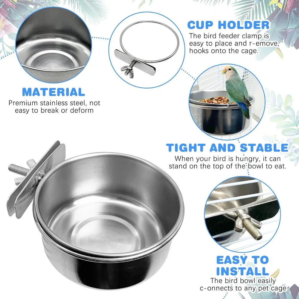 Bird Cage Feeder Cups 2PCS Parrot Food Water Bowl Holder Clamp