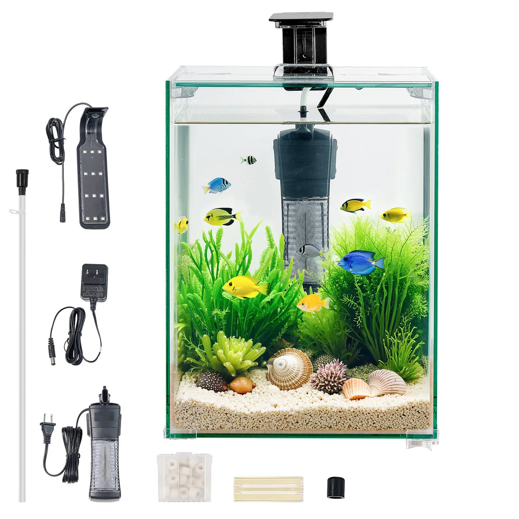 Fish Tank Aquarium 5Gal Square Ultra-Clear Glass Starter Tank Self Cleaning System