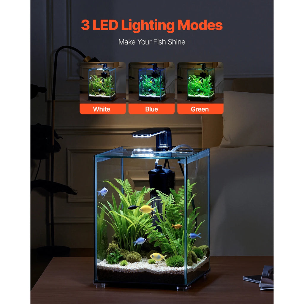 Fish Tank Aquarium 5Gal Square Ultra-Clear Glass Starter Tank Self Cleaning System