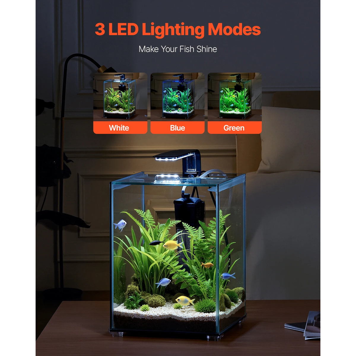 Fish Tank Aquarium 5Gal Square Ultra-Clear Glass Starter Tank Self Cleaning System