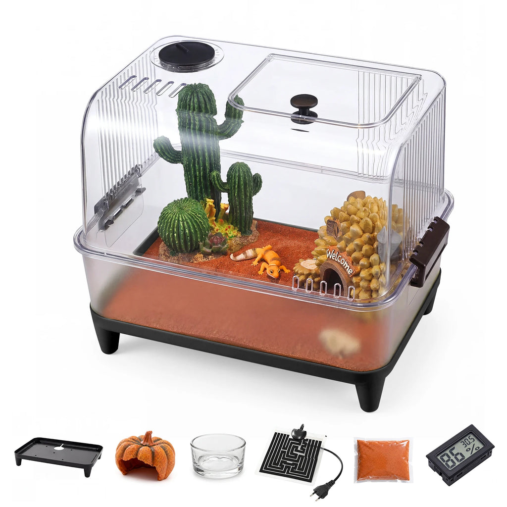 Reptile Tank Starter Kit, Terrarium, Small Reptile Habitat with Lid, Heating Pad, Hygrometer
