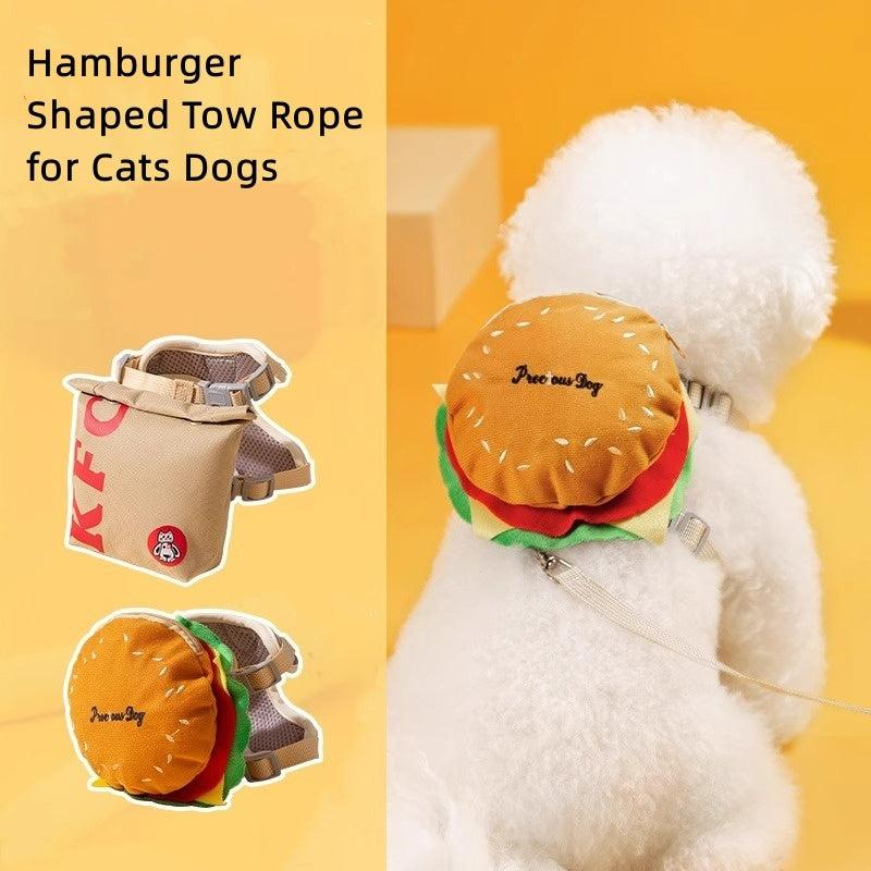 Cartoon Hamburger Chips Design Vest Leash For Cats And Dogs W/ Backpack Escape Proof