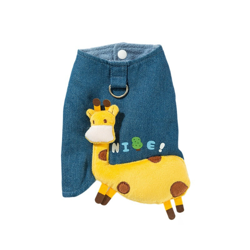3D Deer Denim Vest, Warm Fleece Lined Pullover Small Dogs Cats Winter Costume With Leash