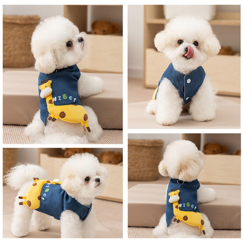 3D Deer Denim Vest, Warm Fleece Lined Pullover Small Dogs Cats Winter Costume With Leash