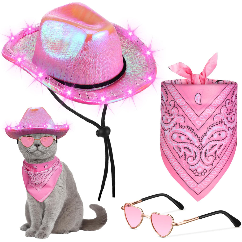 3 Pcs Pet Cowboy Costume Set Neon Sparkly Dog Hat Bandanna Collar Sunglasses LED Light