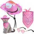 3 Pcs Pet Cowboy Costume Set Neon Sparkly Dog Hat Bandanna Collar Sunglasses LED Light