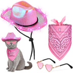 3 Pcs Pet Cowboy Costume Set Neon Sparkly Dog Hat Bandanna Collar Sunglasses LED Light