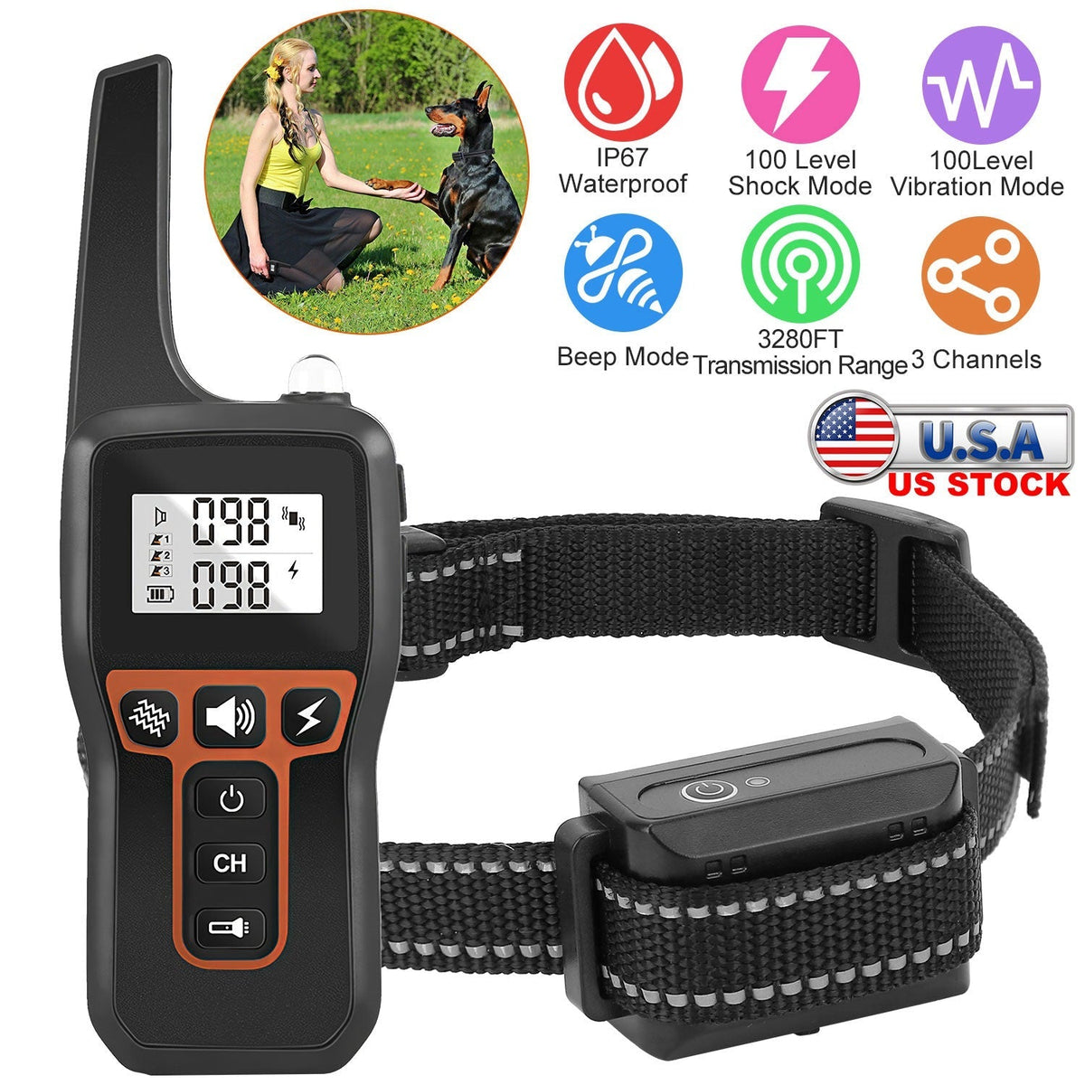 3280 FT Dog Training Collar IP67 Waterproof Pet Beep Vibration Electric rechargeable 3 modes