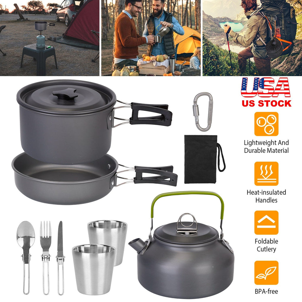 12Pcs Camping Cookware Set Stove Aluminum Pot Pans Kit for Outdoor w/ Eating Utensils
