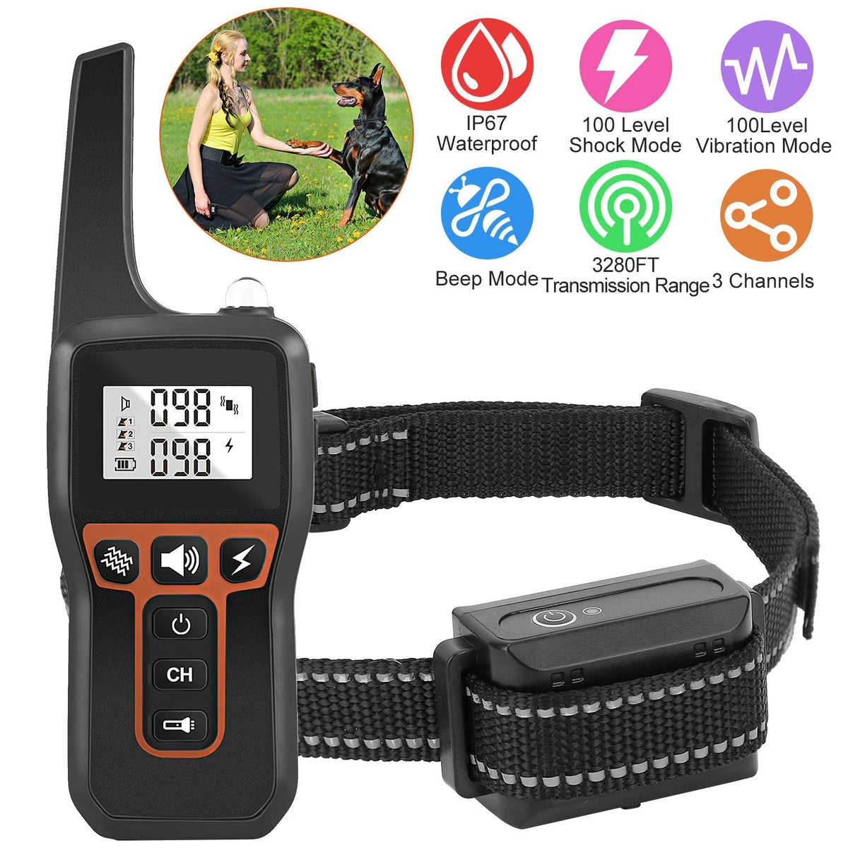3280 FT Dog Training Collar IP67 Waterproof Pet Beep Vibration Electric rechargeable 3 modes