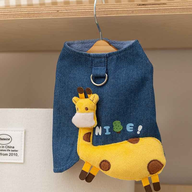 3D Deer Denim Vest, Warm Fleece Lined Pullover Small Dogs Cats Winter Costume With Leash