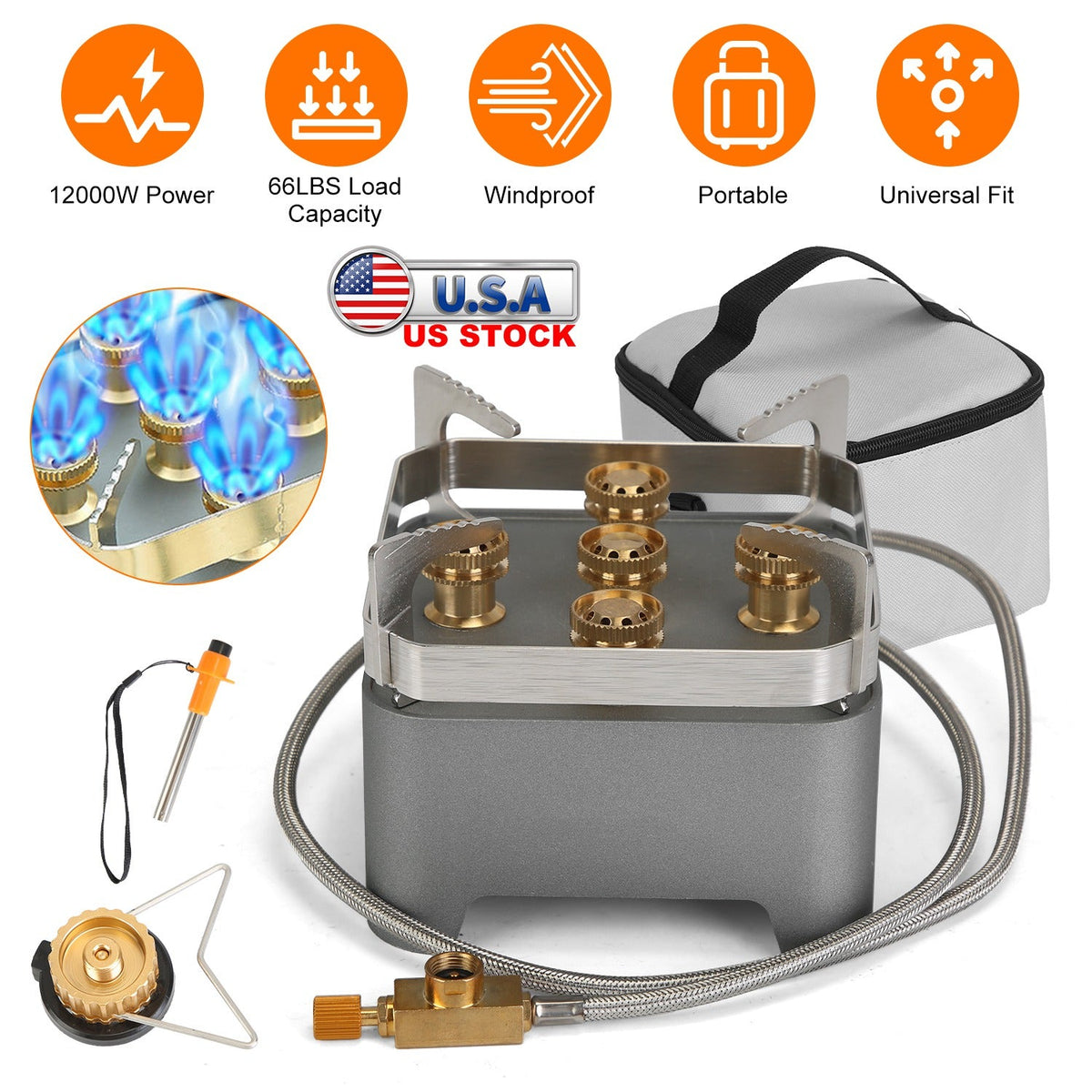 12000W Portable Camping Stove Windproof Backpacking Burner with Carrying Case Igniter.