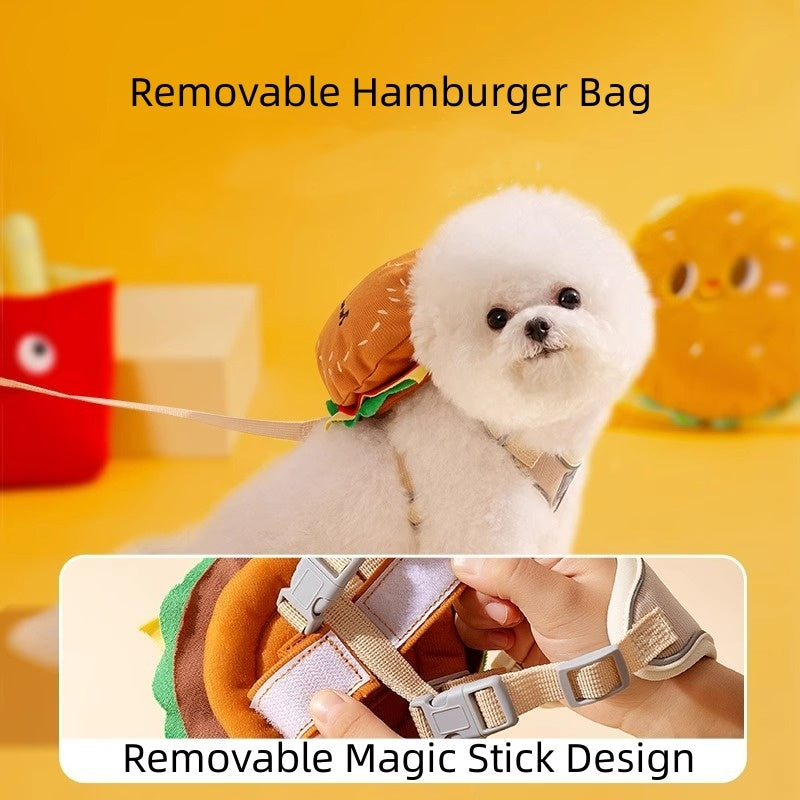 Cartoon Hamburger Chips Design Vest Leash For Cats And Dogs W/ Backpack Escape Proof