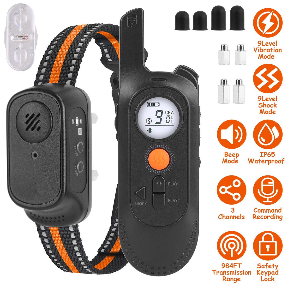 984FT Training Collar Waterproof Beep Vibration Electric Shock 3 Channels Rechargeable