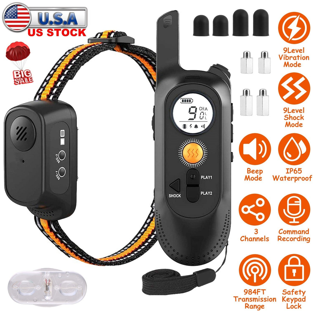 984FT Training Collar Waterproof Beep Vibration Electric Shock 3 Channels Rechargeable