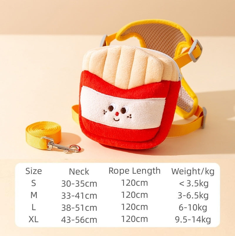 Cartoon Hamburger Chips Design Vest Leash For Cats And Dogs W/ Backpack Escape Proof