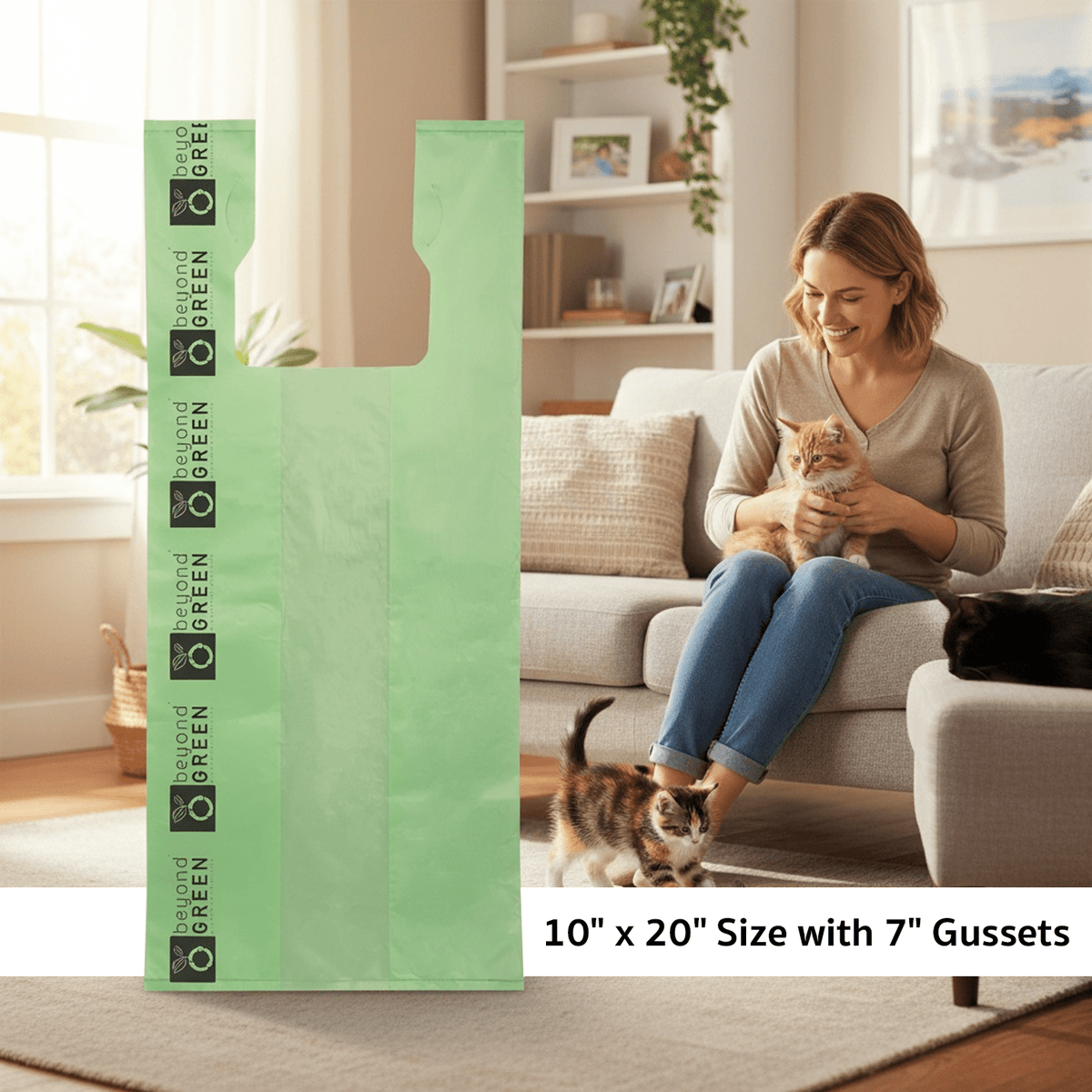 Large Cat Litter Bags – 10" x 20" with 7" Gusset & Handles Heavy-Duty Made in USA