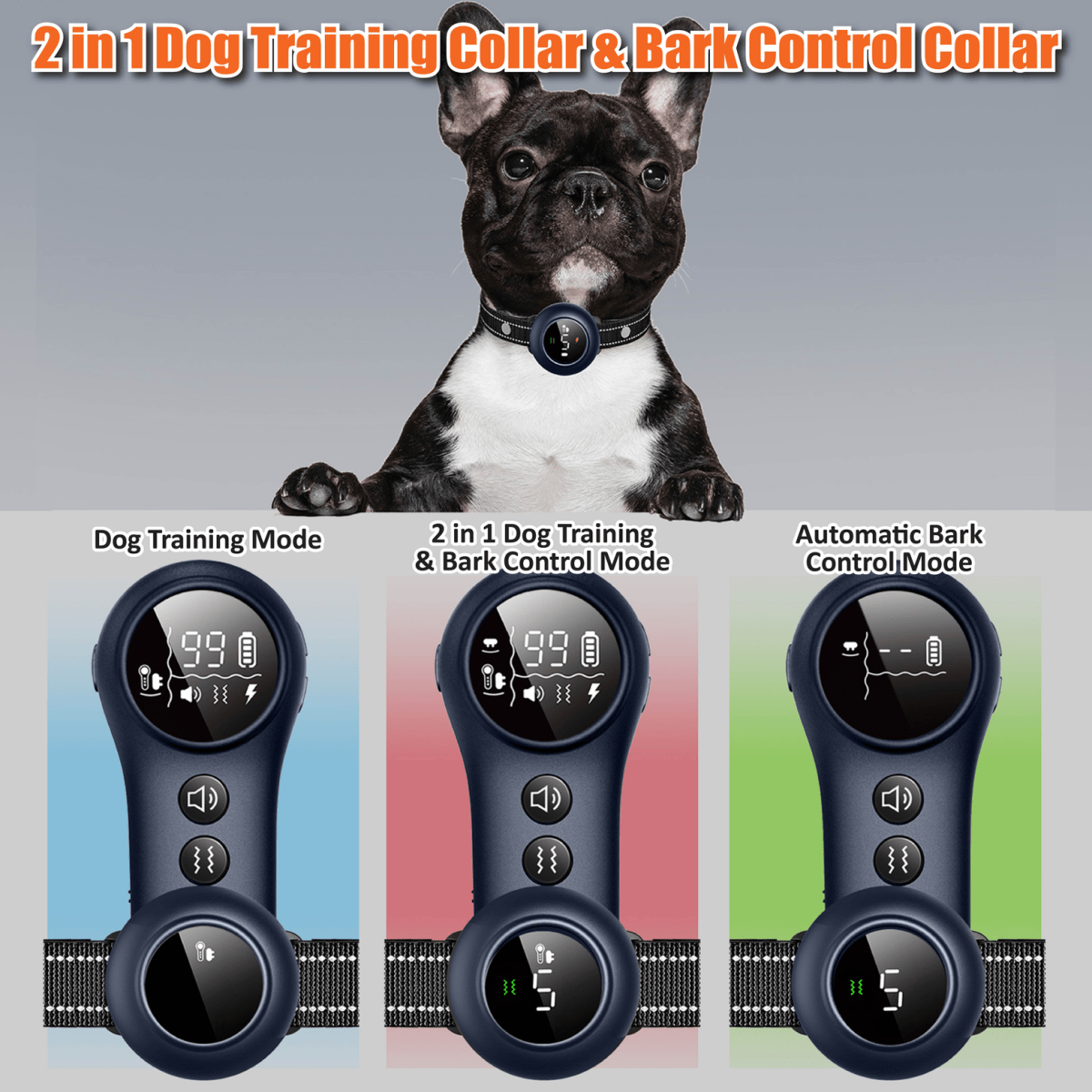 2-in-1 Training & Bark Control Collar Automatic, 5-150lbs Dogs Rechargeable, Waterproof